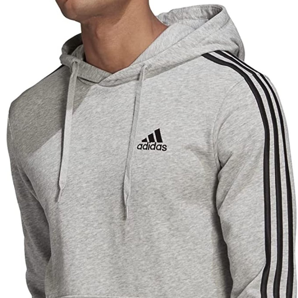 🆕adidas Men's Essentials 3-Stripes French Terry Hoodie, SM - Grey Heather/Black